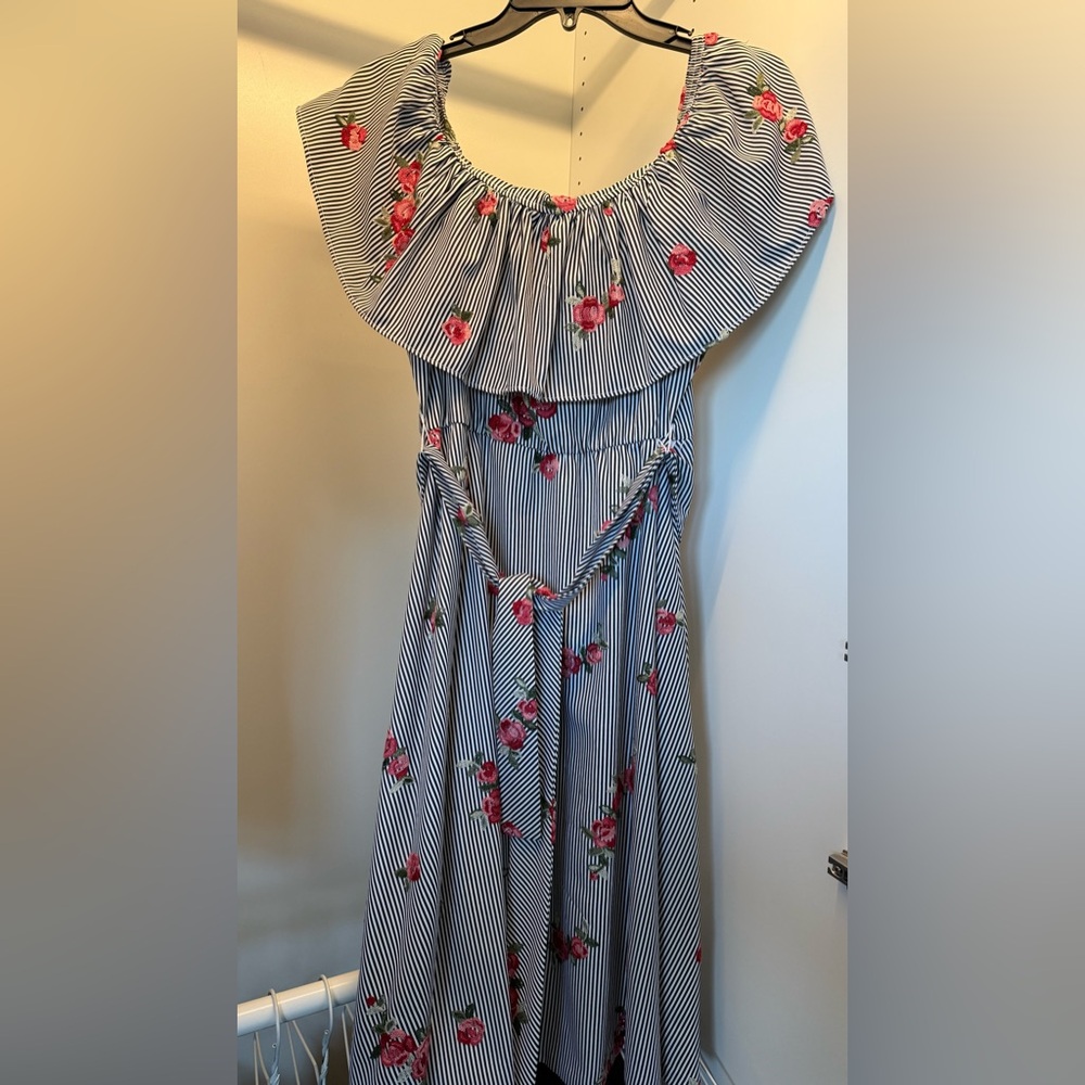 Calvin Klein Floral Striped Off-Shoulder Dress